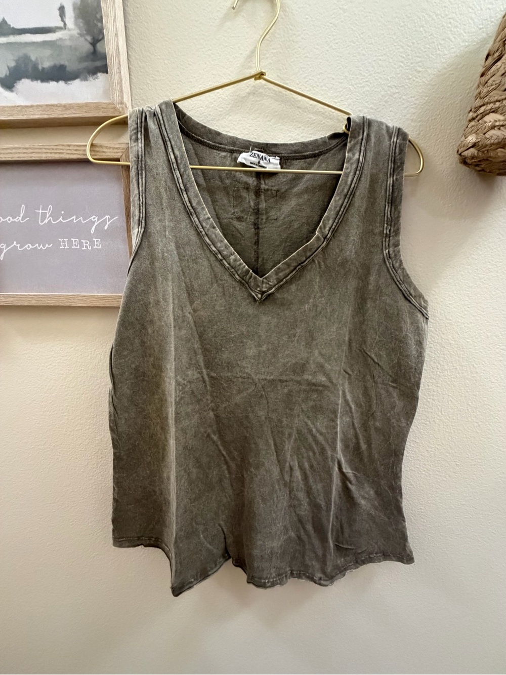 Washed Olive V-Neck Tank Top - Women's